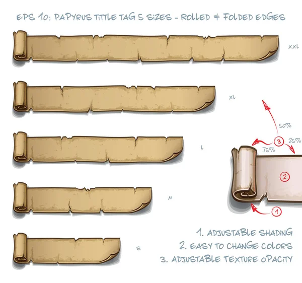 Illustrazione Vettoriale Cartellino Papiro Con Bordi Arrotolati Piegati Set Cinque — Vettoriale Stock