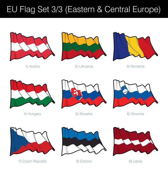 欧盟挥舞着国旗 在中欧东部的国家 该套包括奥地利 立陶宛 罗马尼亚 匈牙利 斯洛伐克 斯洛文尼亚 德意志族群 爱沙尼亚 — 图库矢量图片