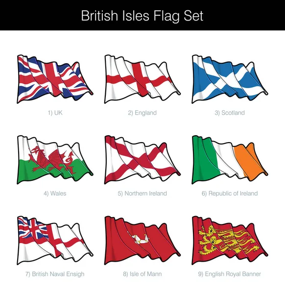 不列颠群岛挥舞着国旗 该集包括英国 苏格兰 威尔士 北爱尔兰 爱尔兰共和国 英国海军 曼岛和皇家旗帜的旗帜 矢量图标 — 图库矢量图片