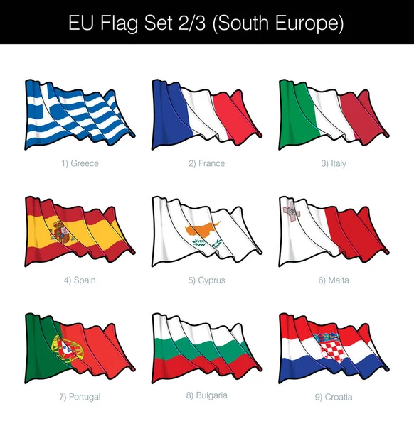 Waving Flag Set South European States Conjunto Inclui Bandeiras Grécia —  Vetores de Stock