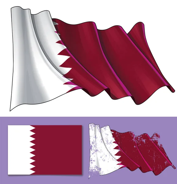カタールの振る旗のベクター イラストです テクスチャ バージョン フラットの旗のデザインもあります きちんと適切に定義された層のアンのグループ上のすべての要素 — ストックベクタ