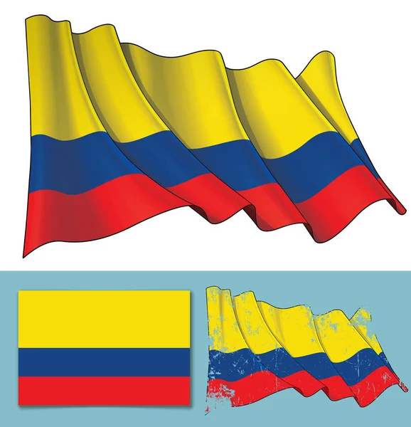 Vektorillustration Vinka Flagga Colombia Strukturerad Version Och Platt Flagga Design — Stock vektor