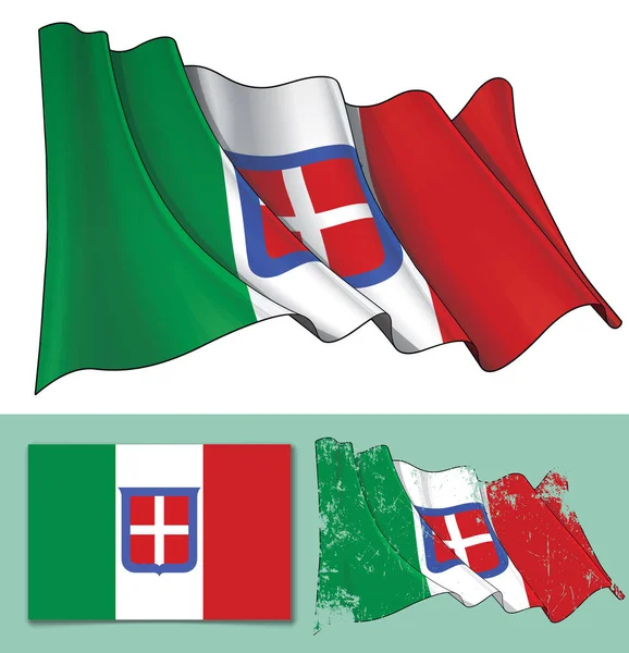 第一次世界大戦と第二次世界大戦の間にイタリアの振る旗のベクター イラストです テクスチャ バージョン フラットの旗のデザインもあります きちんと適切に定義された層のアンのグループ上のすべての要素 — ストックベクタ