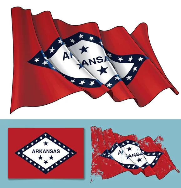 阿肯色州摇摆的旗子例证 包括纹理版本和平面标志设计 所有元素整齐地放在定义良好的图层和组上 — 图库矢量图片