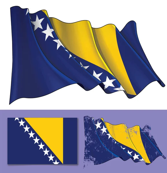 波斯尼亚和黑塞哥维那挥动的旗子的例证 包括纹理版本和平面标志设计 所有元素整齐地放在定义良好的图层和组上 — 图库矢量图片