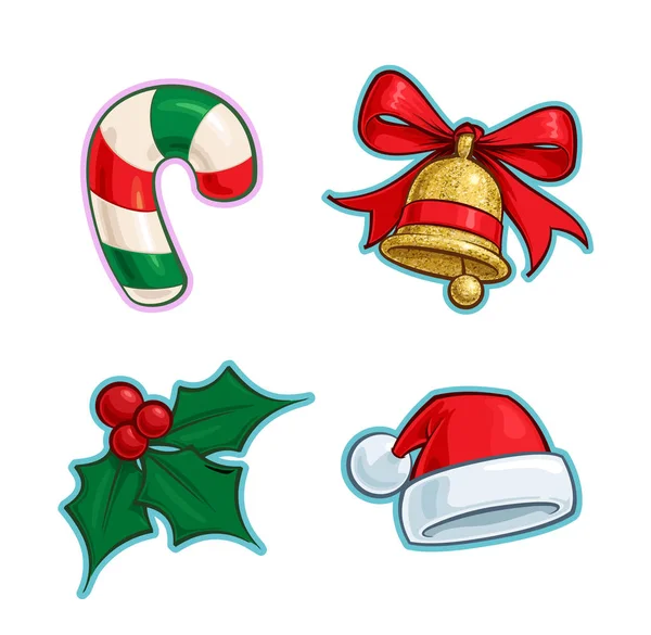 Karácsonyi Cartoon Icon szett-Candy Cane Bell Holly Santa hat — Stock Vector