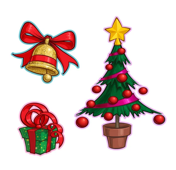 Χριστούγεννα κινούμενα σχέδια εικονίδιο Set-καμπάνα δώρο δέντρο — Διανυσματικό Αρχείο