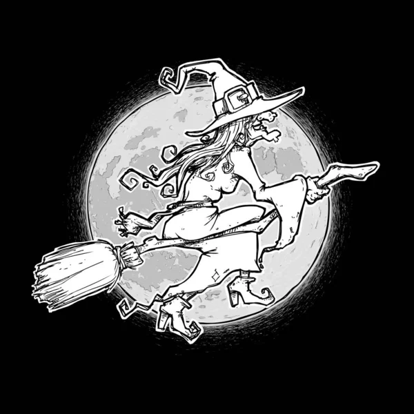 Halloween komische iconen-heks op een bezem tegen de maan-BLAC — Stockvector