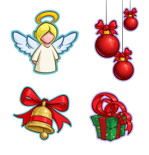 Juego de iconos de dibujos animados de Navidad - Angel colgando bolas Bell regalo — Vector de stock