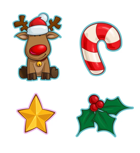Christmas Cartoon Icon Set - Red-Nose Reindeer Candy Cane Star H — Stock Vector