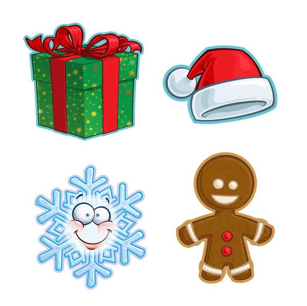 Kerstmisicoon Set - Cadeau Kerstman Hoed Sneeuwvlok Gingerbread — Stockvector