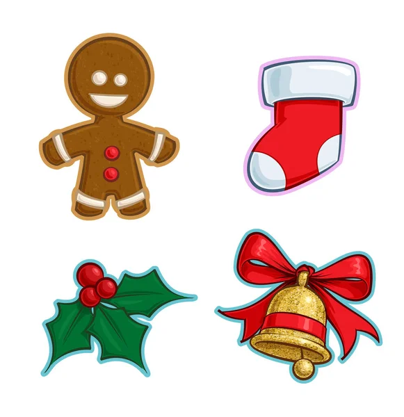 Vector Cartoon Icon Set Gingerbread Man Stocking Vermelho Holly Mistletoe — Vetor de Stock