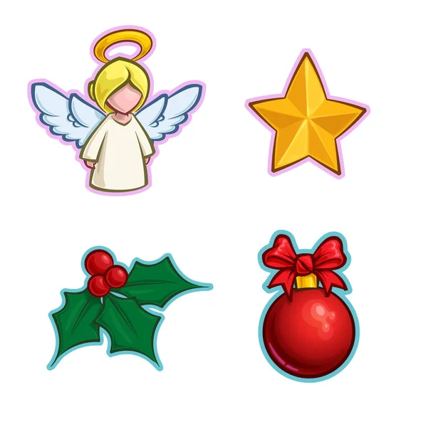 Vector Cartoon Icon Conjunto Ángel Una Estrella Muérdago Holly Una — Archivo Imágenes Vectoriales