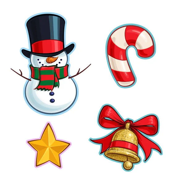 Vector Cartoon Icon Set Snowman Red Candy Cane Golden Star — Stock Vector