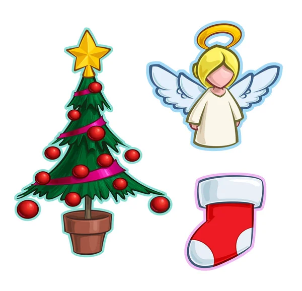 クリスマスツリー 小さな天使と赤のストッキングのベクトル漫画アイコンセット イラスト線 ライトを明確に定義されたレイヤー グループ — ストックベクタ