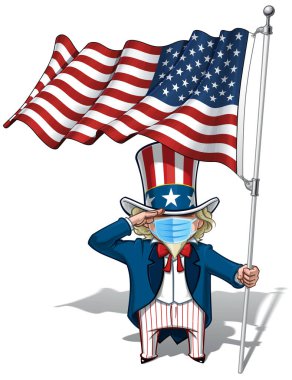Vector illustrations of a cartoon Uncle Sam, Saluting, holding a waving American flag, wearing a surgical mask. All elements neatly in well defined layers n groups clipart