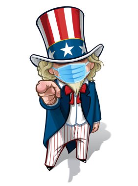 Vector illustrations of a cartoon Uncle Sam Pointing I Want You, holding a waving American flag, wearing a surgical mask. All elements neatly in well-defined layers n groups clipart