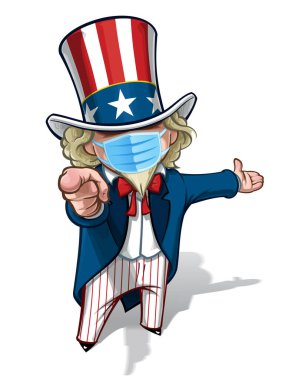 Vector illustrations of a cartoon Uncle Sam Pointing I Want You, holding a waving American flag, wearing a surgical mask. All elements neatly in well-defined layers n groups clipart