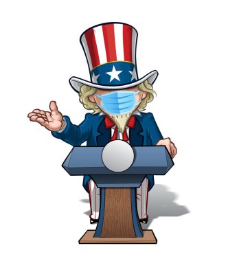 Vector illustrations of a cartoon Uncle Sam, on a podium debating with an open hand, wearing a surgical mask. All elements neatly in well defined layers n groups clipart
