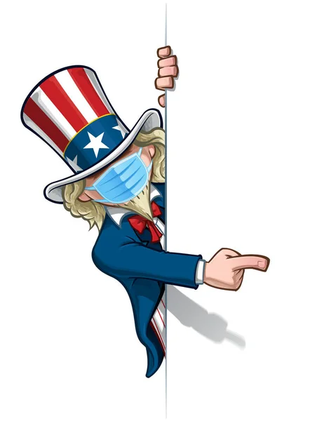 Vector Illustrations Cartoon Uncle Sam Pointing Blank Space Wearing Surgical — Stock Vector
