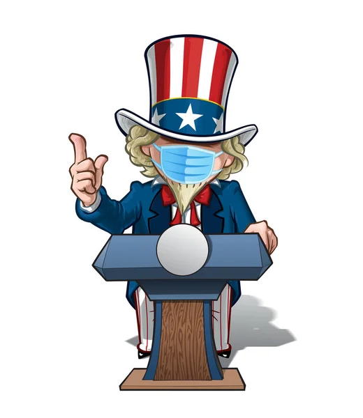Vector Illustraties Van Een Cartoon Uncle Sam Een Podium Met — Stockvector