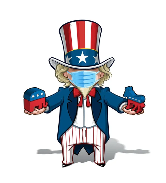 Wektorowe Ilustracje Kreskówkowego Wujka Sama Debatującego Demokratów Republikanów Noszącego Maskę — Wektor stockowy