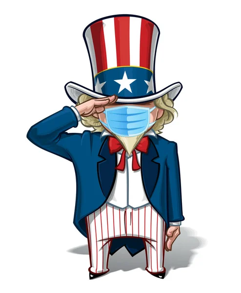 Vector Illustrations Cartoon Uncle Sam Saluting Wearing Surgical Mask All — Stock Vector