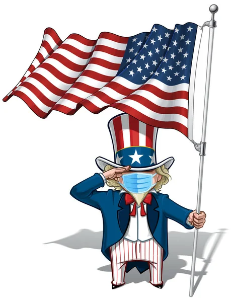 卡通片 山姆叔叔 的矢量图片 举着一面挥动的美国国旗 戴着外科口罩 所有元素在明确定义的N层群中排列整齐 — 图库矢量图片#