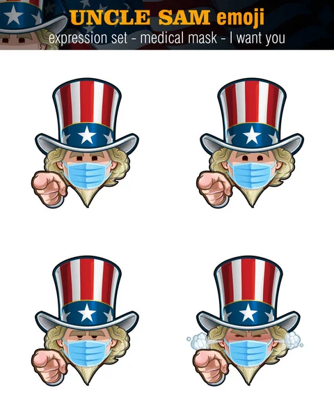 Vector Illustrations Set Cartoon Uncle Sam Emoji Pointing Want You — Stock Vector