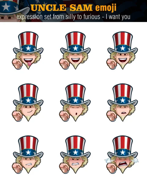 Vector Illustraties Set Cartoon Uncle Sam Emoji Wil Negen Uitdrukkingen — Stockvector