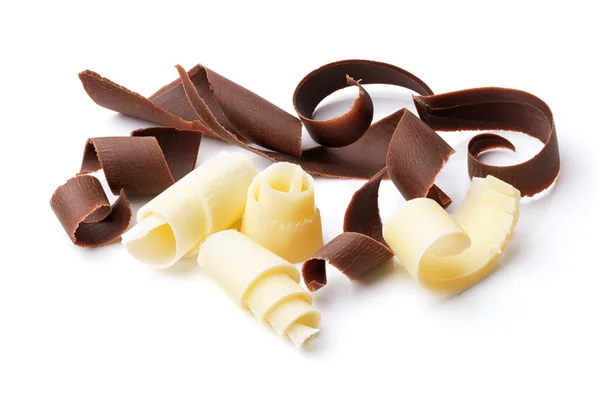 Gruppe Dunkler Und Weißer Schokoladenspäne Isoliert Auf Weißer Schokolade — Stockfoto