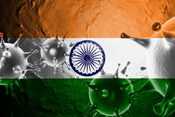 3D ILLUSTRATION VIRUS WITH India FLAG, CORONAVIRUS, Flu coronavirus floating, micro view, pandemic virus infection, asian flu.
