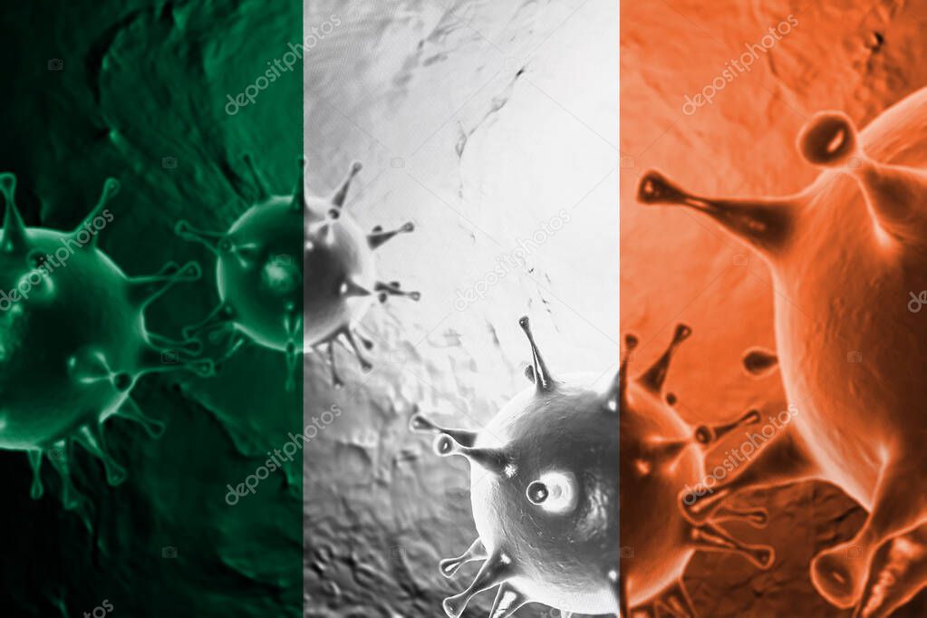 3D ILLUSTRATION VIRUS WITH Ireland FLAG, CORONAVIRUS, Flu coronavirus floating, micro view, pandemic virus infection, asian flu.
