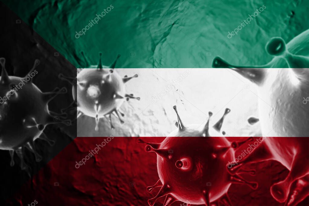 3D ILLUSTRATION VIRUS WITH Kuwait FLAG, CORONAVIRUS, Flu coronavirus floating, micro view, pandemic virus infection, asian flu.