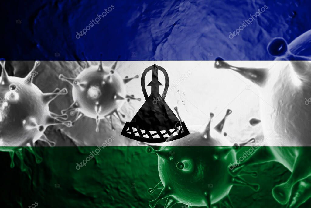 3D ILLUSTRATION VIRUS WITH Lesotho FLAG, CORONAVIRUS, Flu coronavirus floating, micro view, pandemic virus infection, asian flu.