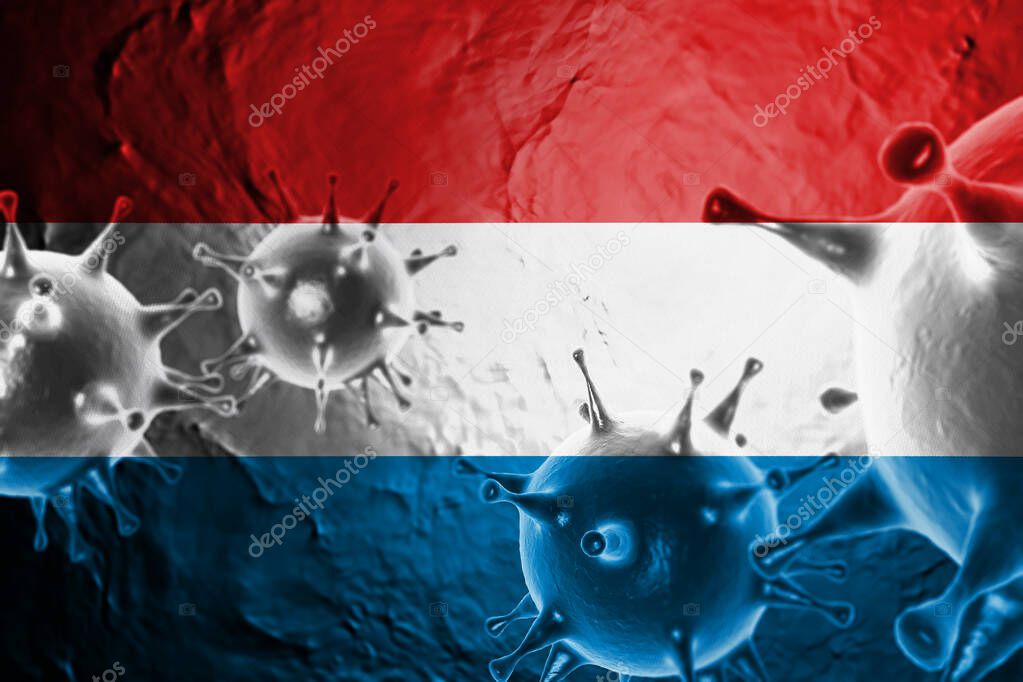3D ILLUSTRATION VIRUS WITH Luxembourg FLAG, CORONAVIRUS, Flu coronavirus floating, micro view, pandemic virus infection, asian flu.