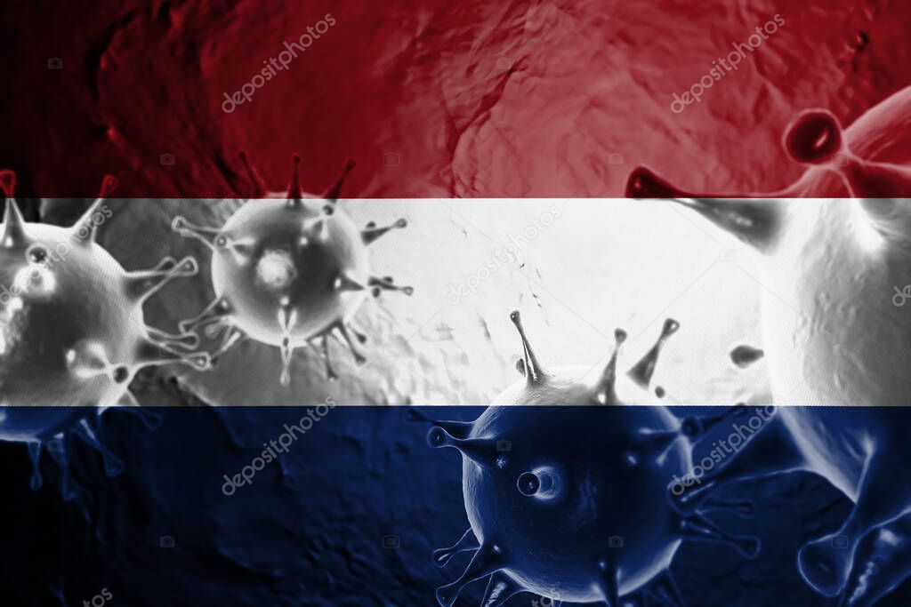 3D ILLUSTRATION VIRUS WITH Netherlands FLAG, CORONAVIRUS, Flu coronavirus floating, micro view, pandemic virus infection, asian flu.