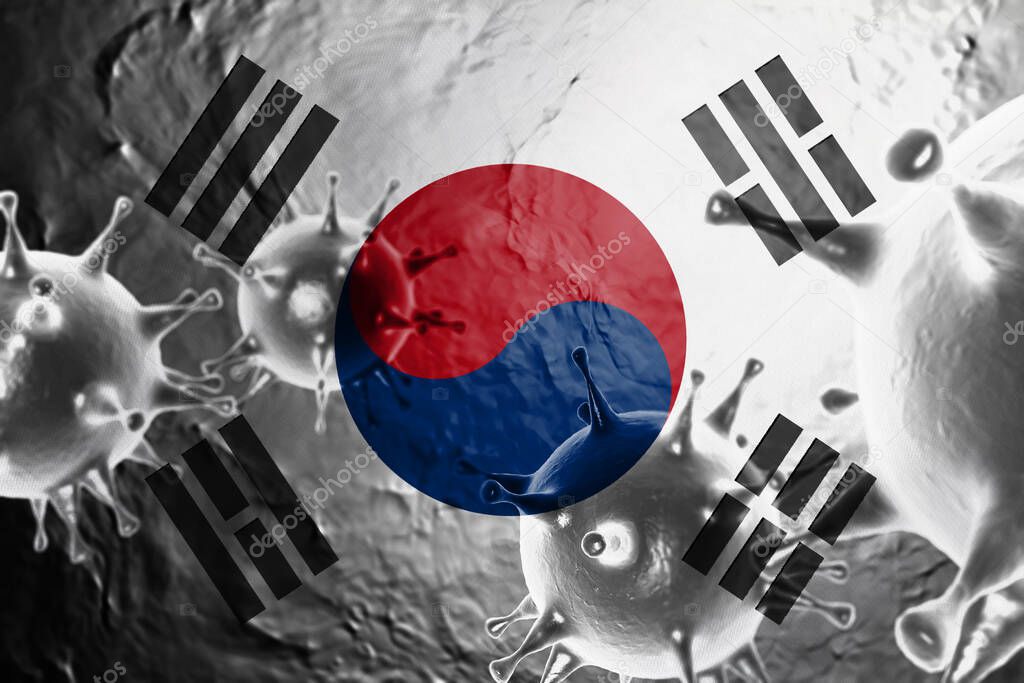 3D ILLUSTRATION VIRUS WITH South Korea FLAG, CORONAVIRUS, Flu coronavirus floating, micro view, pandemic virus infection, asian flu.