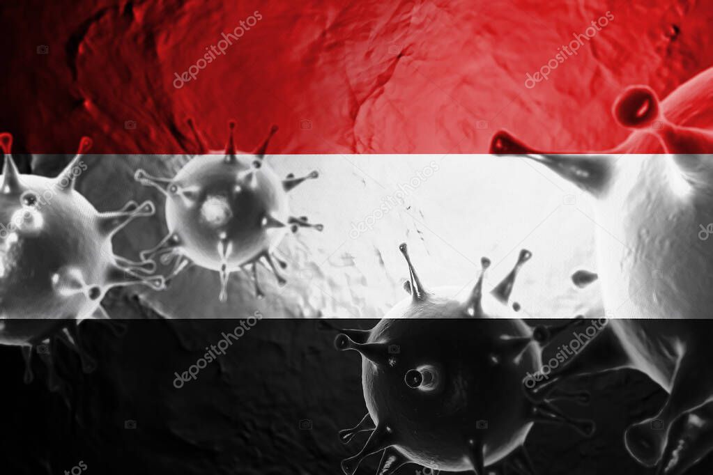 3D ILLUSTRATION VIRUS WITH Yemen FLAG, CORONAVIRUS, Flu coronavirus floating, micro view, pandemic virus infection, asian flu.