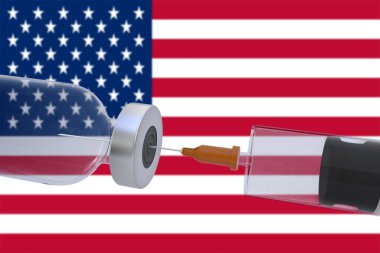Amerika Birleşik Devletleri bayrağı taşıyan bir şırınga eşliğinde 3D Illustration aşı kutusu şişesi covid19 covid-19 coronavirus.