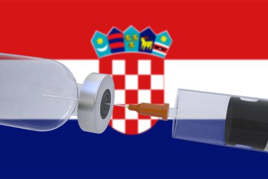 İçinde Hırvatistan bayrağı taşıyan bir şırınga bulunan 3D Illustration aşı kutusu şişesi covid19 covid-19 coronavirus.