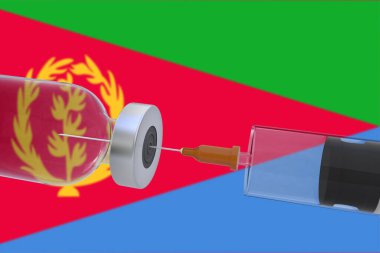 3D Illustration aşı kutusu şişesi yanında da Eritrea bayrağı olan bir şırınga covid19 covid-19 coronavirus..