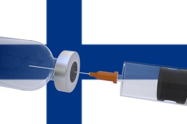 Finlandiya bayrağı taşıyan bir şırınga eşliğinde 3D Illustration aşı kutusu şişesi covid19 covid-19 coronavirus.
