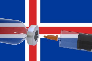 İzlanda bayrağı taşıyan bir şırınga eşliğinde 3D Illustration aşı kutusu şişesi covid19 covid-19 coronavirus.