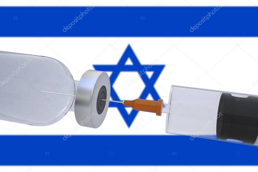 3D Illustration vaccine container bottle accompanied by a syringe with Israel flag covid19 covid-19 coronavirus.