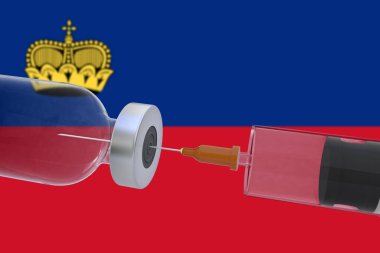 3D Illustration aşı kutusu şişesi ile birlikte Liechtenstein bayrağı kovid19 covid-19 coronavirus.