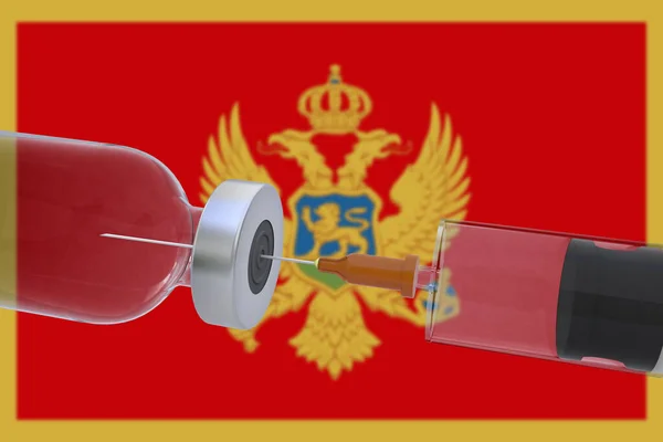 3D说明性疫苗容器瓶 装有带有黑山国旗的注射器 — 图库照片