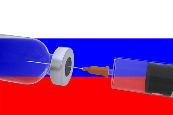 3D图解疫苗容器瓶 装有俄罗斯国旗的注射器 包括Covid Coronavirus — 图库照片