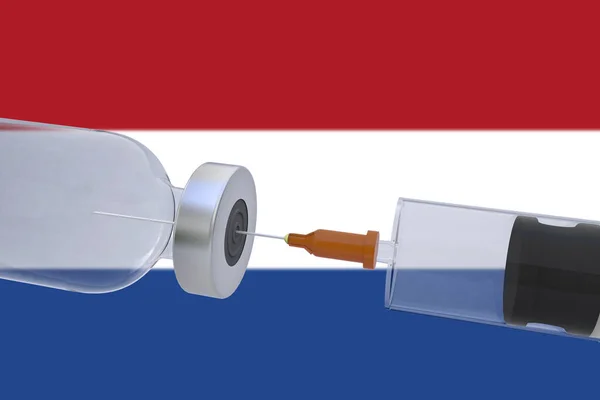 Illustration Aşı Kutusu Şişesi Yanında Hollanda Bayrağı Taşıyan Bir Şırınga — Stok fotoğraf