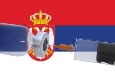 Sırbistan bayrağı taşıyan bir şırınga eşliğinde 3D Illustration aşı kutusu şişesi covid19 covid-19 coronavirus.